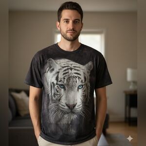 Gildan Men's Gray Tie Die White Tiger Face Graphic Short Sleeve T-Shirt Size XL